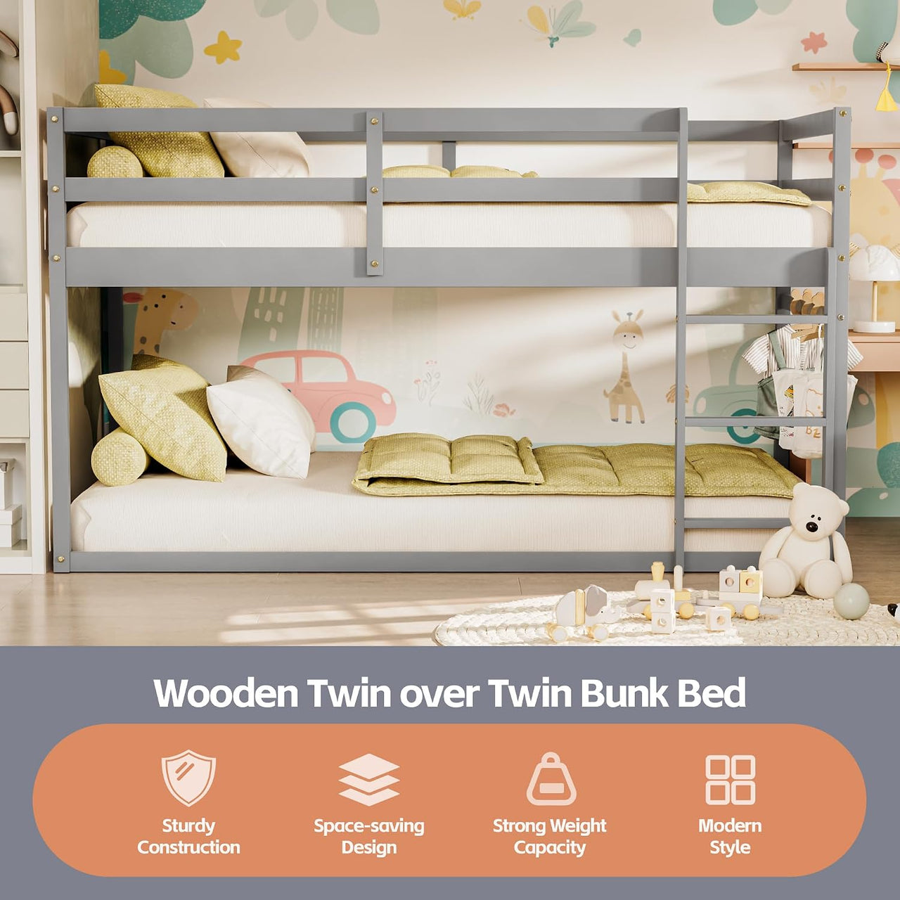 Low twin over twin bunk bed in white