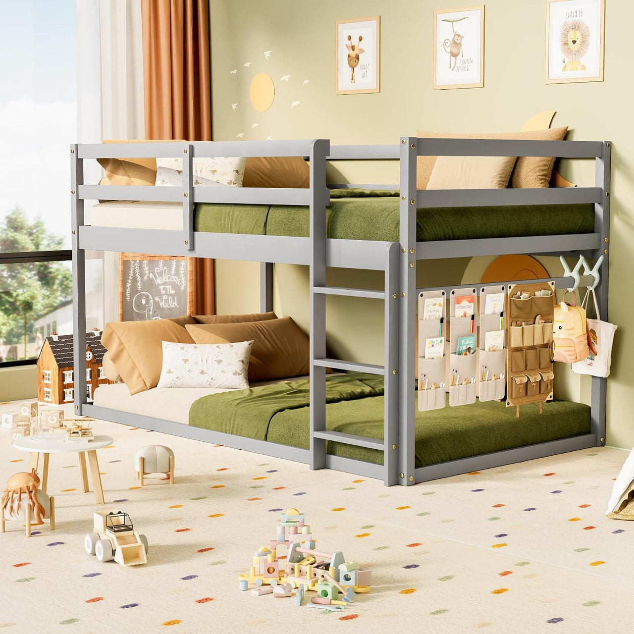 Low twin over twin bunk bed in grey