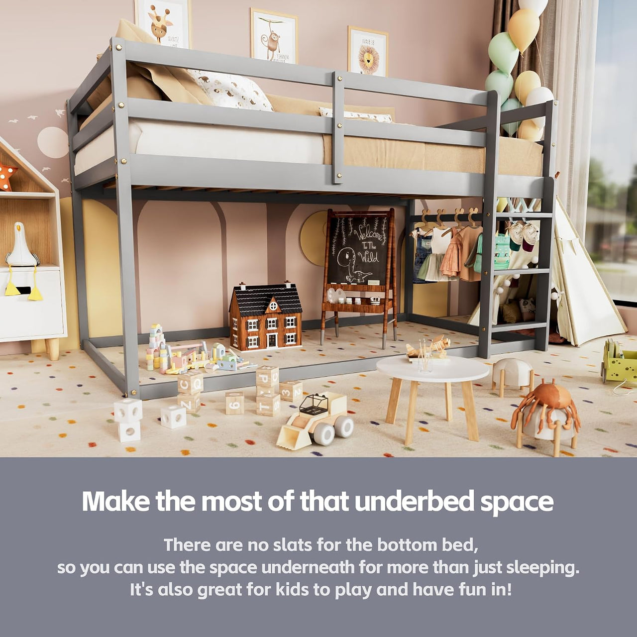 Low twin over twin bunk bed in grey