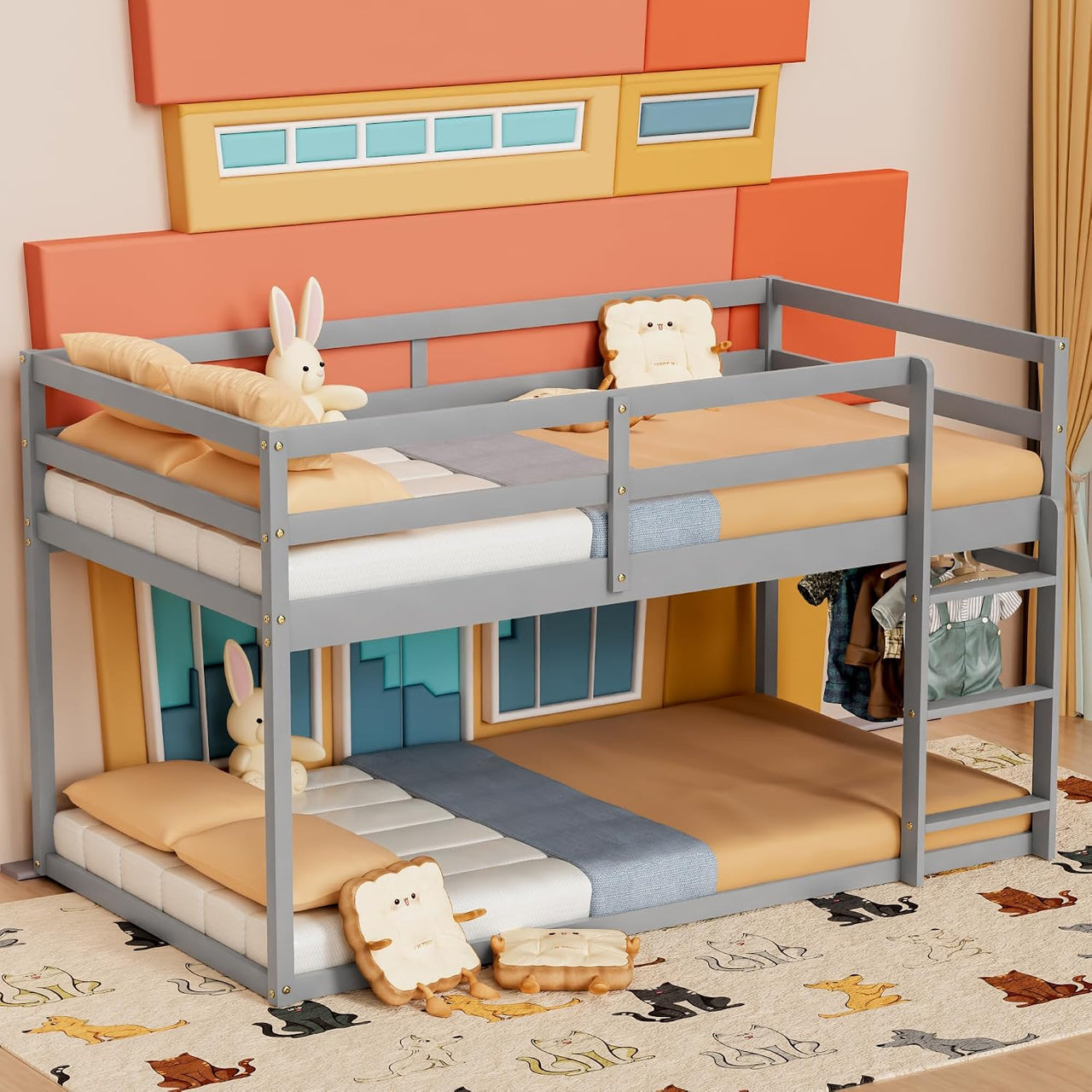 Low twin over twin bunk bed in grey