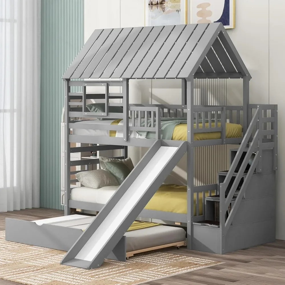 Playhouse Twin Over Twin Bunk Bed for Kids with Slide, Trundle & Storage Stairs – Solid Wood Bed Frame with Roof & Windows