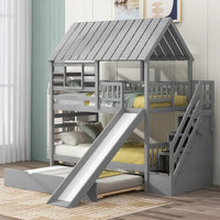 Playhouse Twin Over Twin Bunk Bed for Kids with Slide, Trundle & Storage Stairs – Solid Wood Bed Frame with Roof & Windows