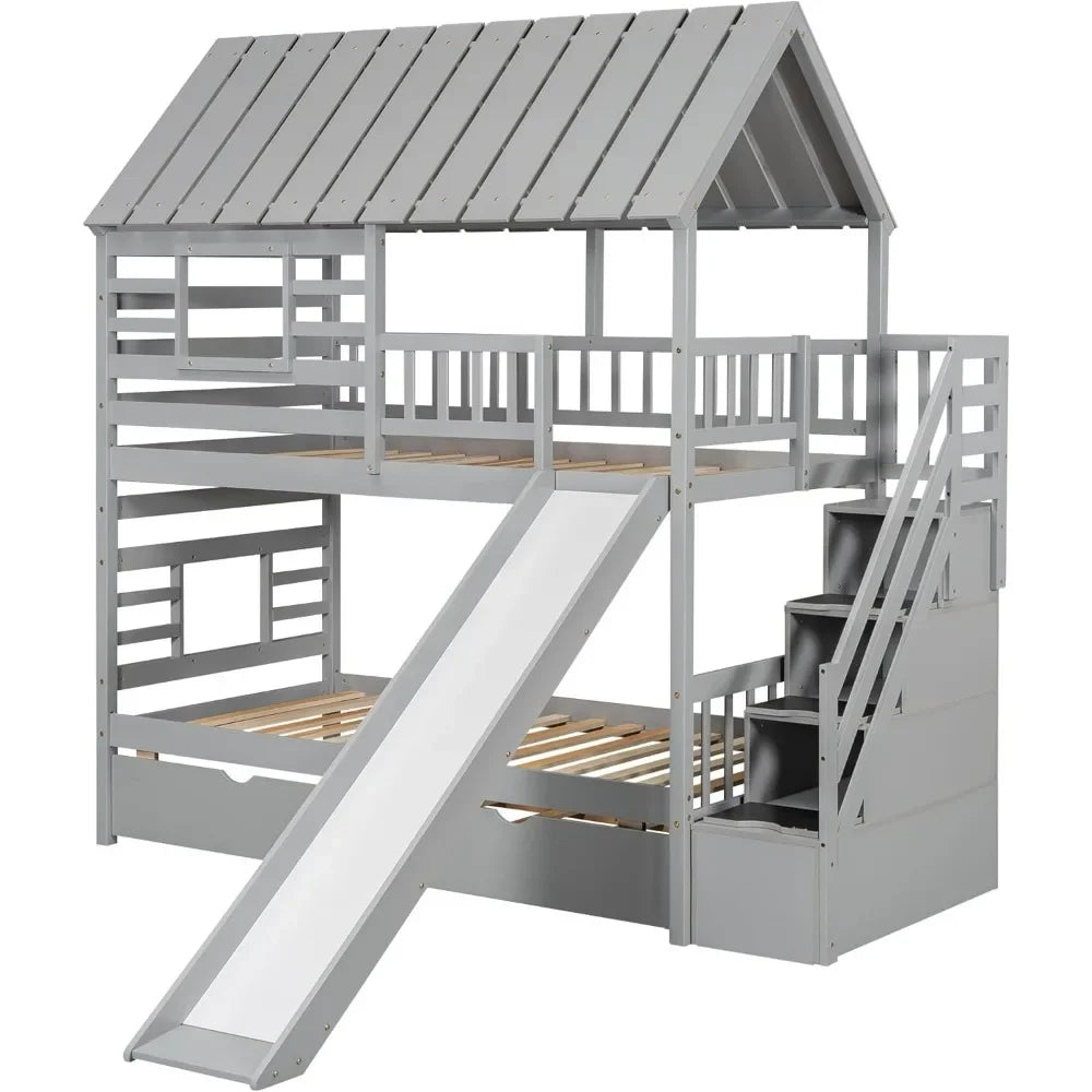 Playhouse Twin Over Twin Bunk Bed for Kids with Slide, Trundle & Storage Stairs – Solid Wood Bed Frame with Roof & Windows