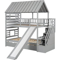 Playhouse Twin Over Twin Bunk Bed for Kids with Slide, Trundle & Storage Stairs – Solid Wood Bed Frame with Roof & Windows