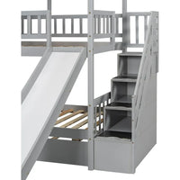 Playhouse Twin Over Twin Bunk Bed for Kids with Slide, Trundle & Storage Stairs – Solid Wood Bed Frame with Roof & Windows
