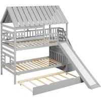 Playhouse Twin Over Twin Bunk Bed for Kids with Slide, Trundle & Storage Stairs – Solid Wood Bed Frame with Roof & Windows
