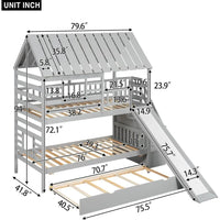 Playhouse Twin Over Twin Bunk Bed for Kids with Slide, Trundle & Storage Stairs – Solid Wood Bed Frame with Roof & Windows