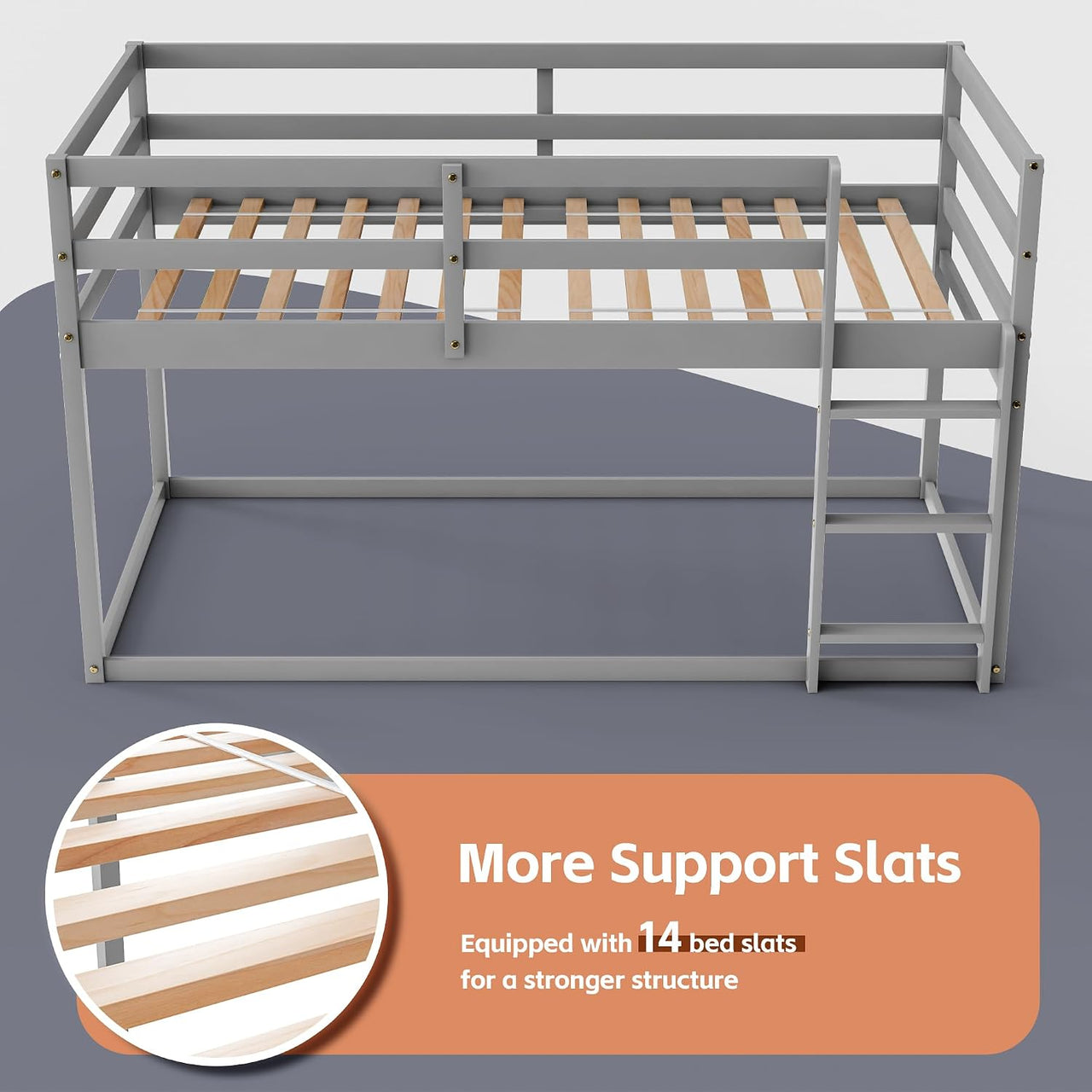 Low twin over twin bunk bed in grey