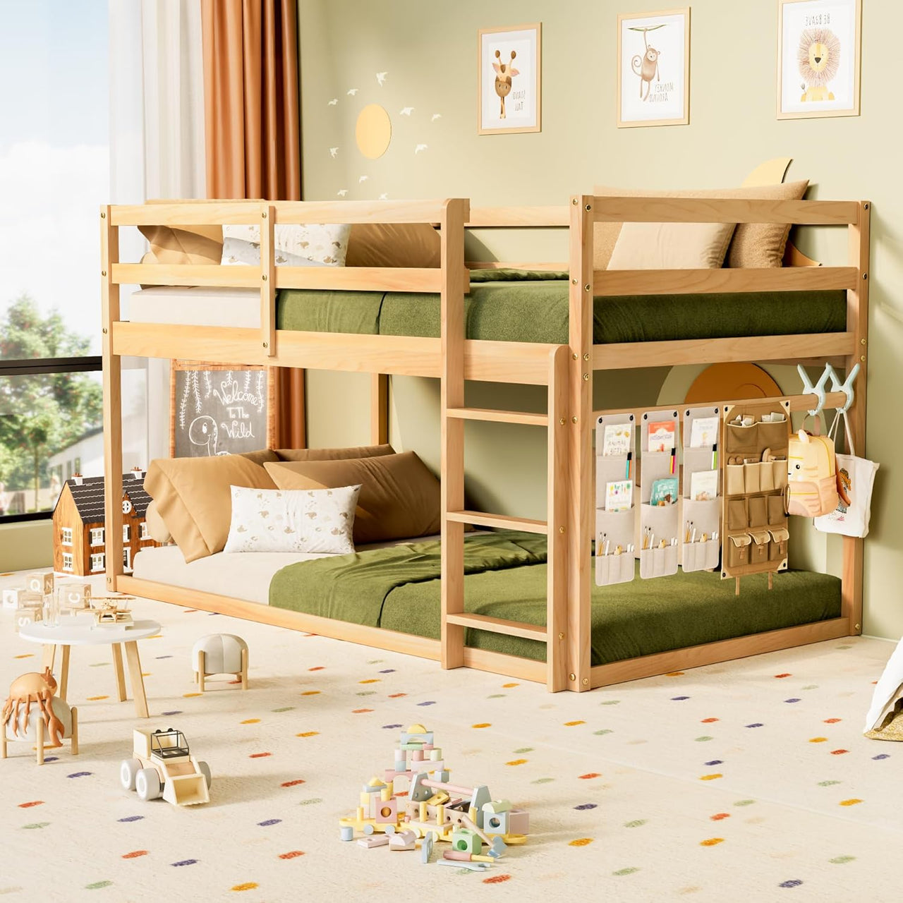 Low twin over twin bunk bed in natural wood finish